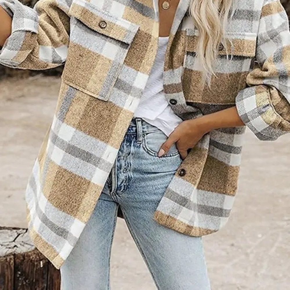 Plaid Flannel Shacket Jacket Women - Picture 4 of 4